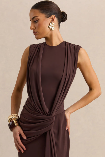 Blythia Brown Round Neck Maxi Dress With Gathered Detailing