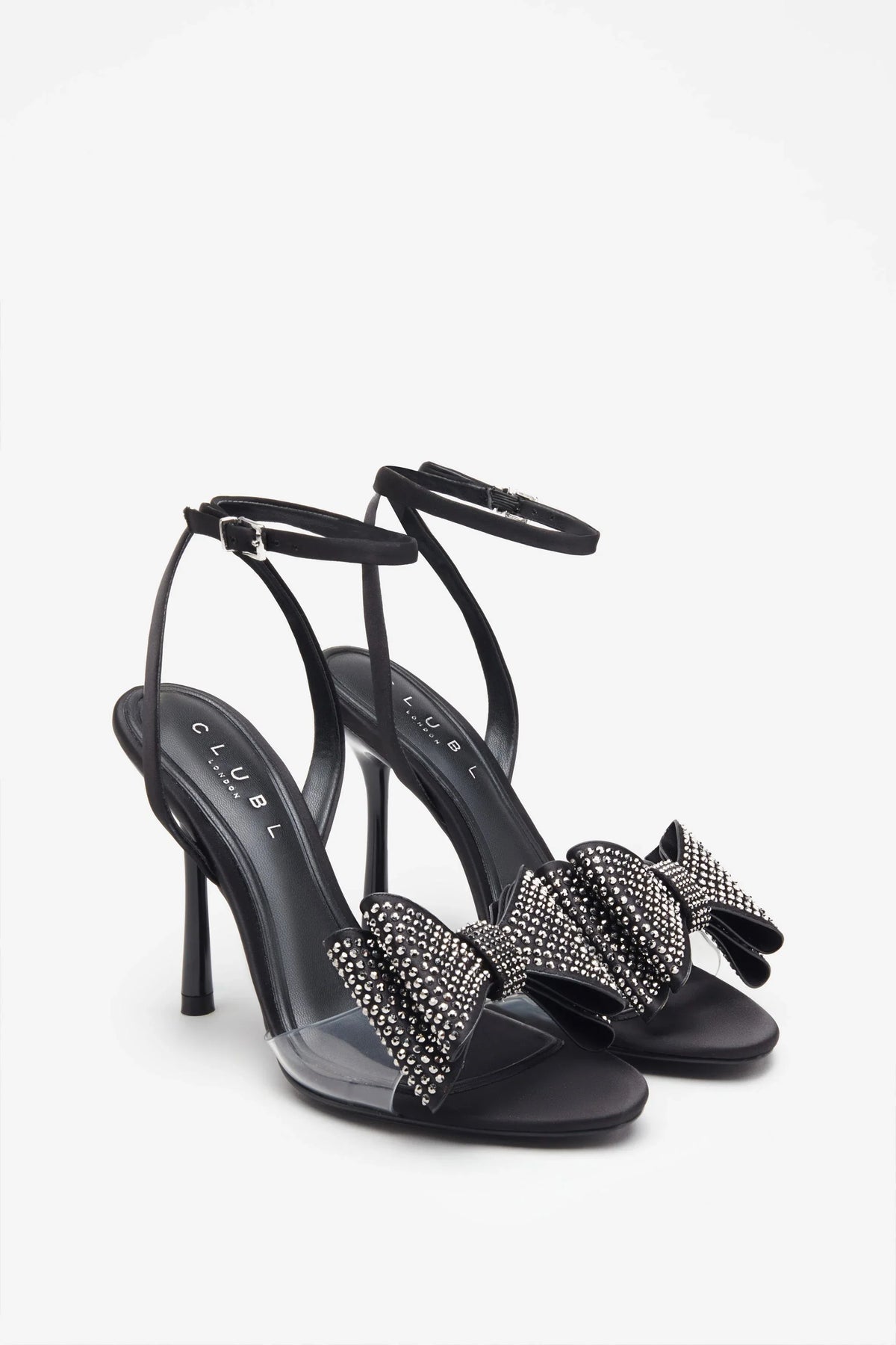 Bowing Black Satin Heeled Sandals With Diamante Bows