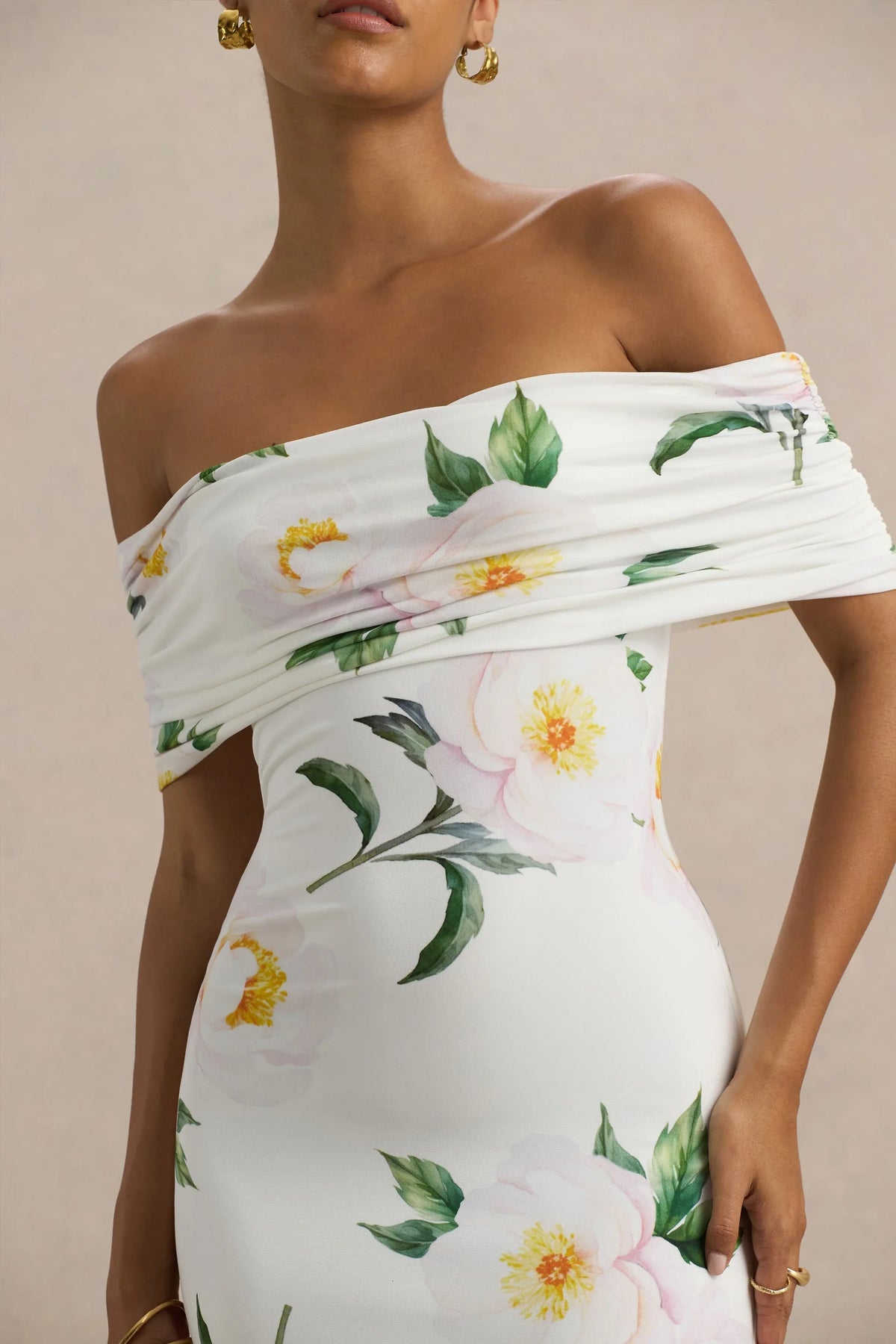 Capri White Rose Print Bardot Neck Maxi Dress With Ruched Detailing