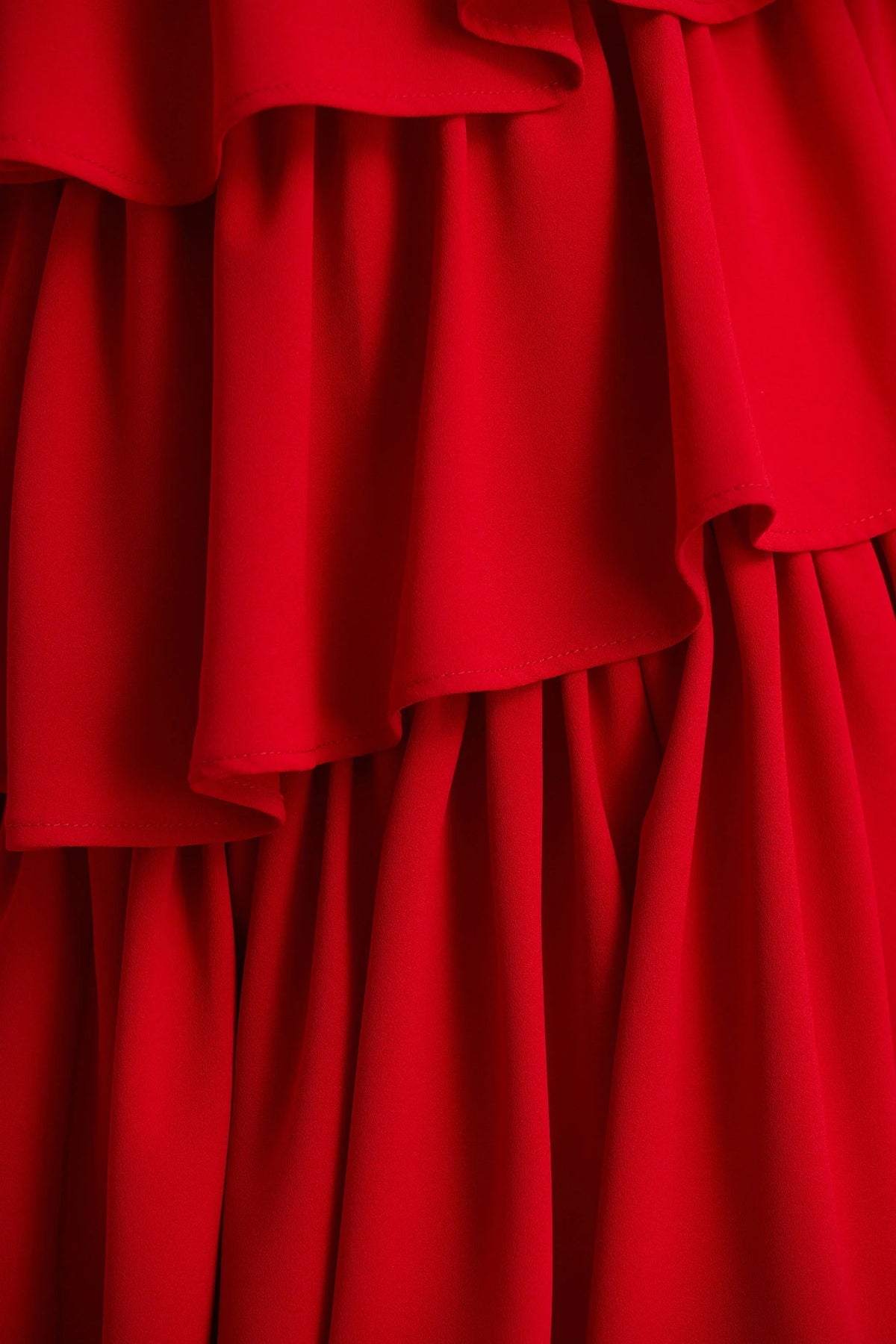 Bogota Red Plunge Neck Maxi Dress With Ruffling Details And Front High Split