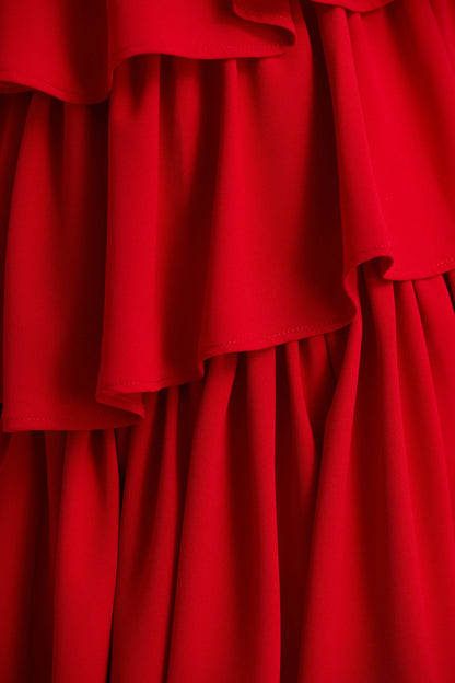 Bogota Red Plunge Neck Maxi Dress With Ruffling Details And Front High Split