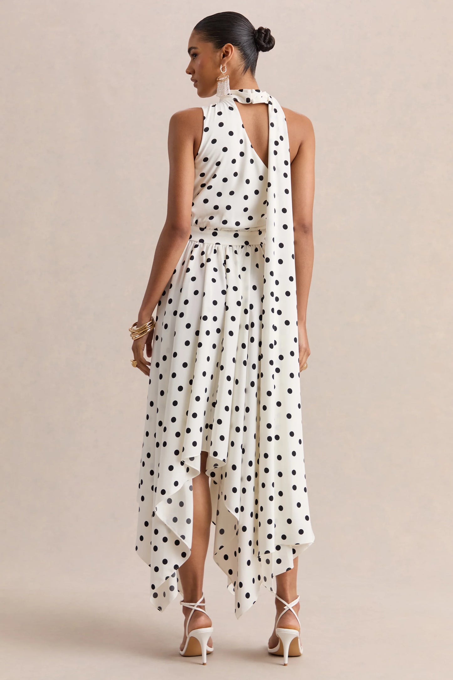 Caluna White And Black Polka Dot Satin Asymmetric Neck Midi Dress With Scarf Detail