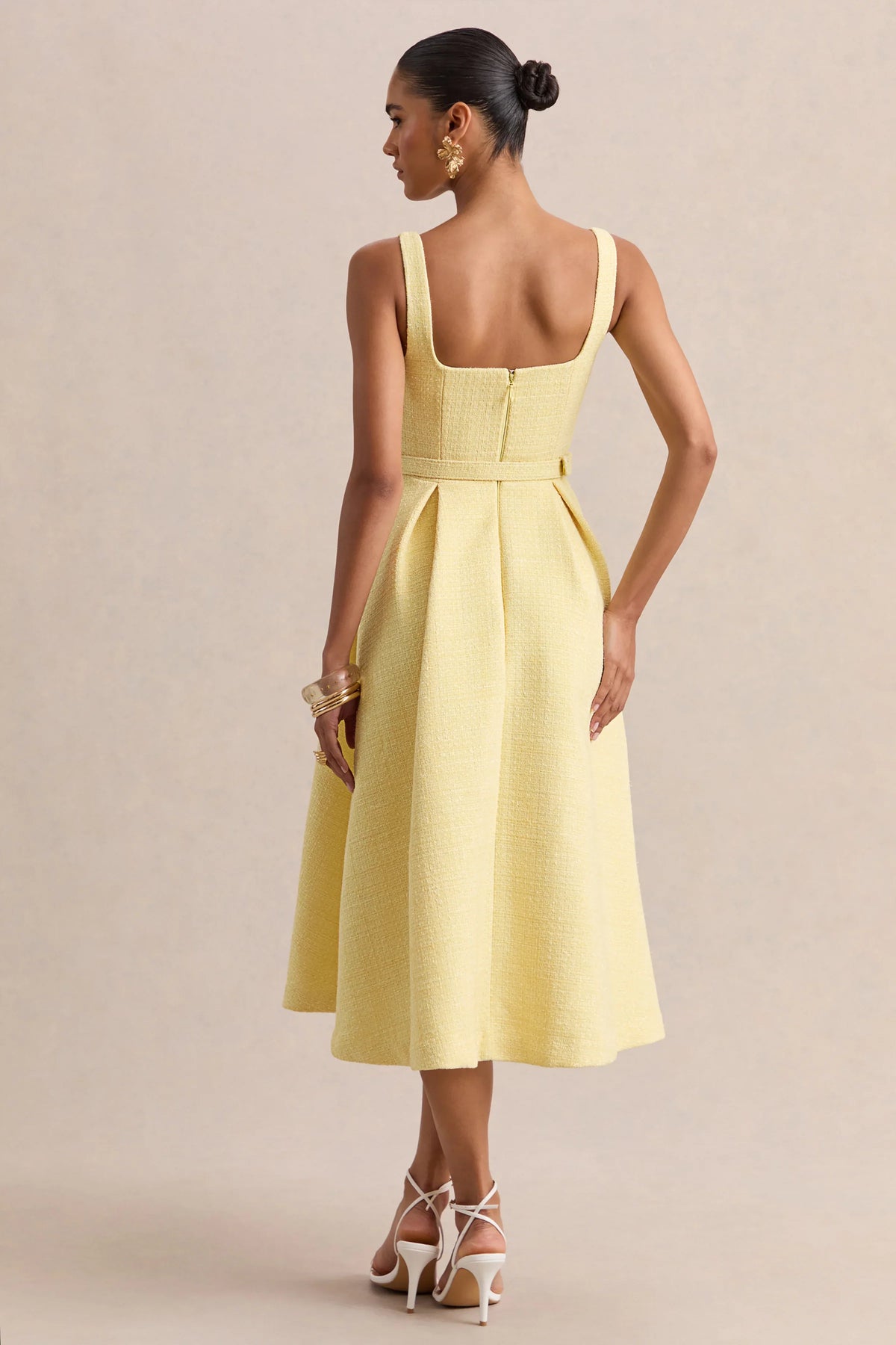 Camoria Lemon Boucle Square Neck Midi Dress