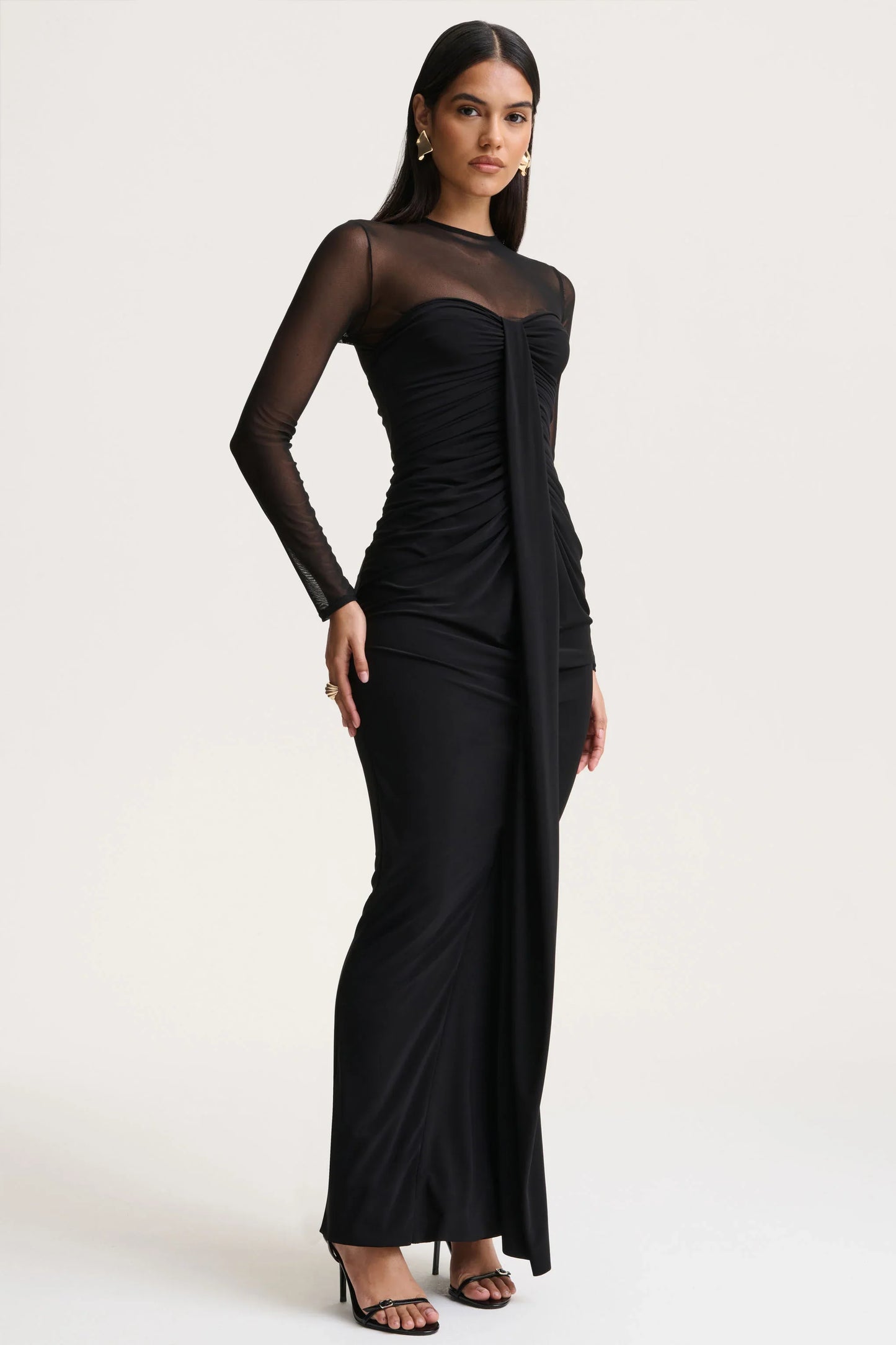 Cadenza Black Crew Neck Maxi Dress With Mesh And Gathered Detailing