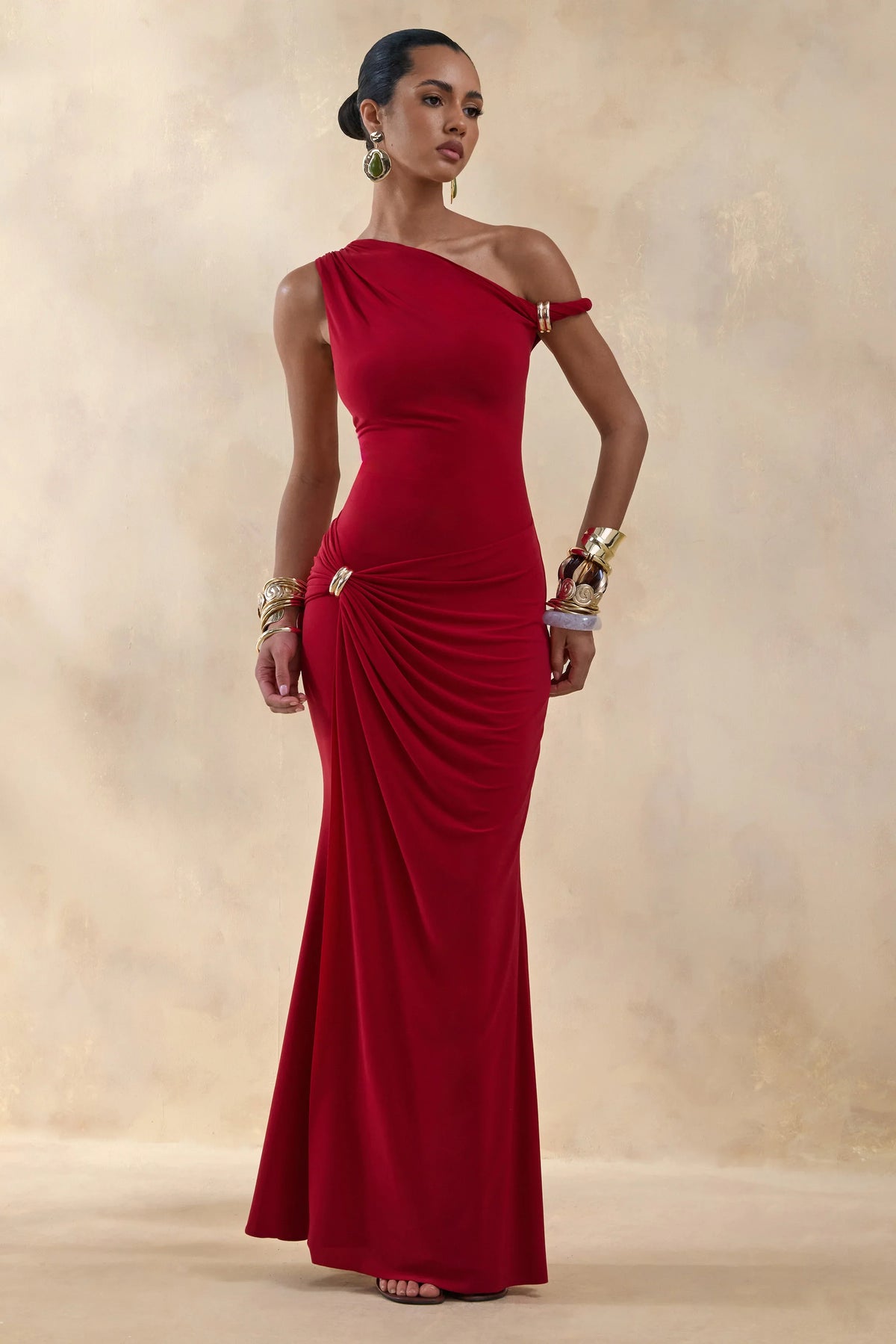 Caelia Red Asymmetric Neck Maxi Dress With Gold Detailing And Sash