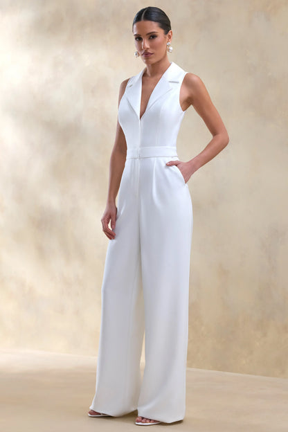 Brillora White Plunge Neck Tailored Jumpsuit