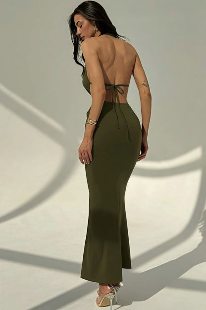 Sexy Halter Deep V Neck Backless Metal Maxi Dress