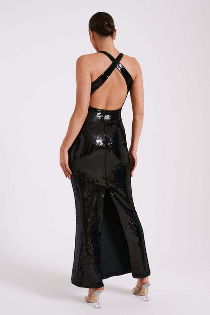 Backless Floral Sequin Maxi Dress