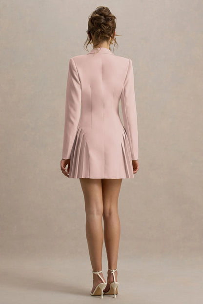 Blossoming Baby Pink Plunge Neck Tailored Mini Dress With Pleating