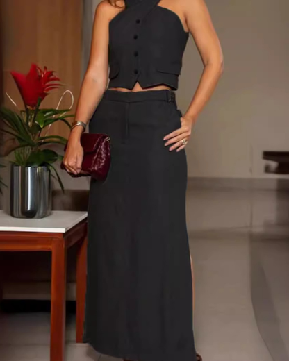 Sleeveless Solid Color Casual Two-Piece Set
