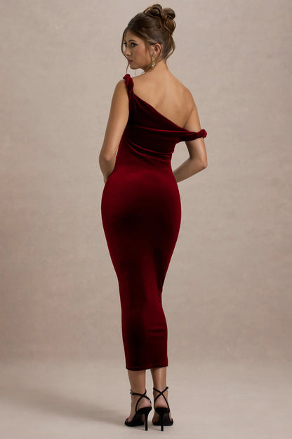 Carella Berry Velvet Twisted Asymmetric Midi Dress