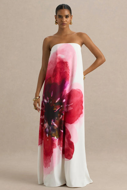 Breonna Bright Pink Floral Placement Print Bandeau Maxi Dress