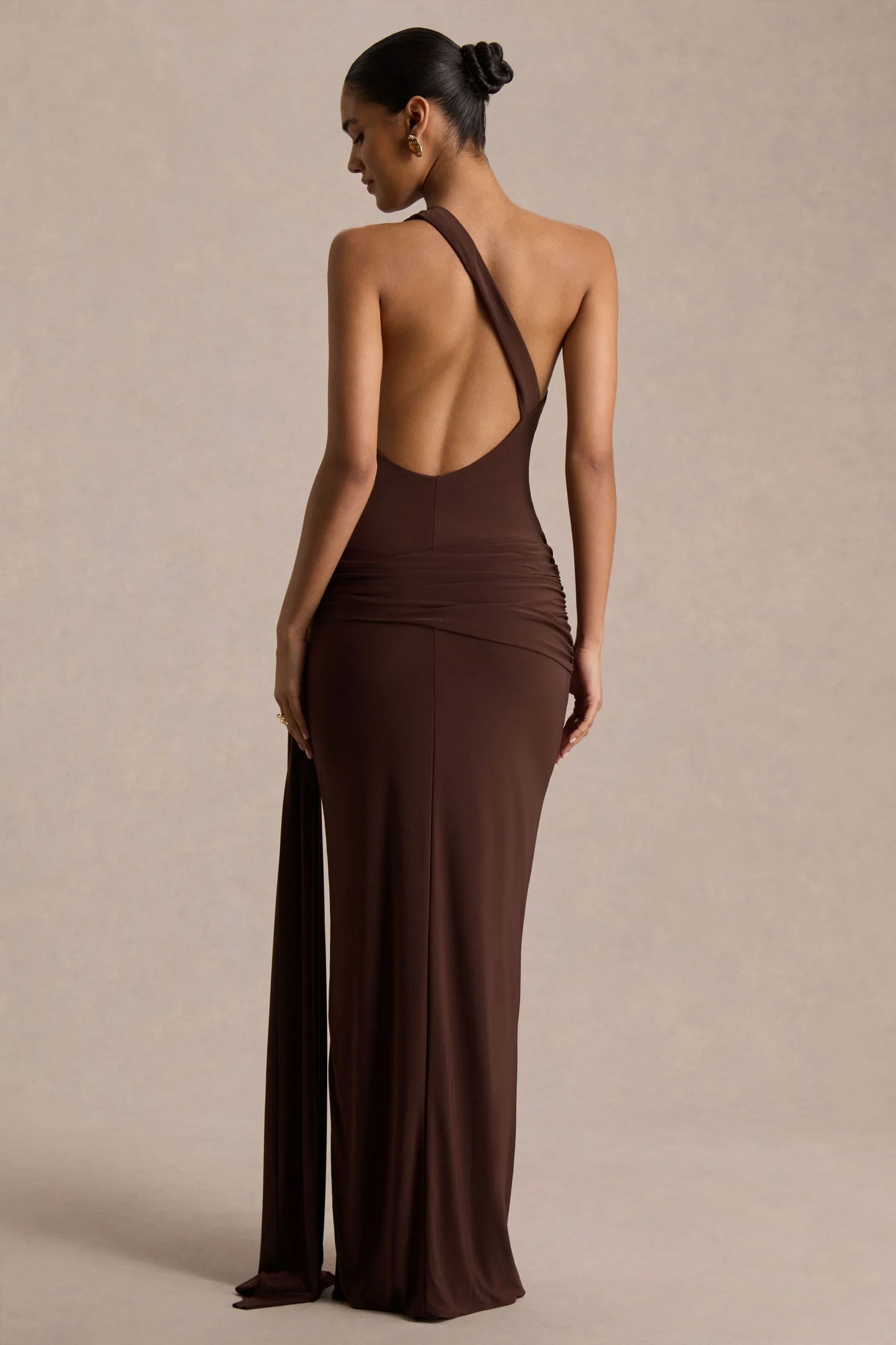Bonnie Brown Asymmetric Neck Maxi Dress With Open Back