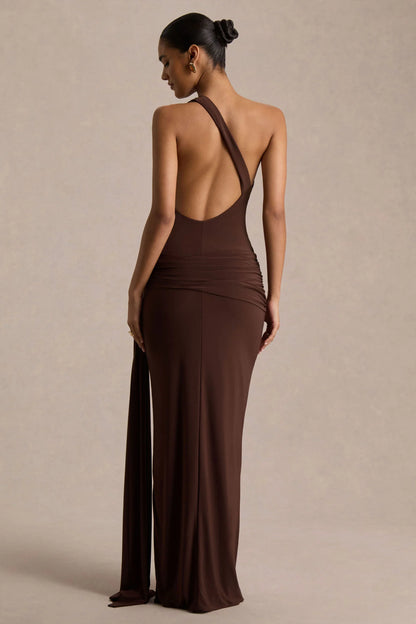 Bonnie Brown Asymmetric Neck Maxi Dress With Open Back