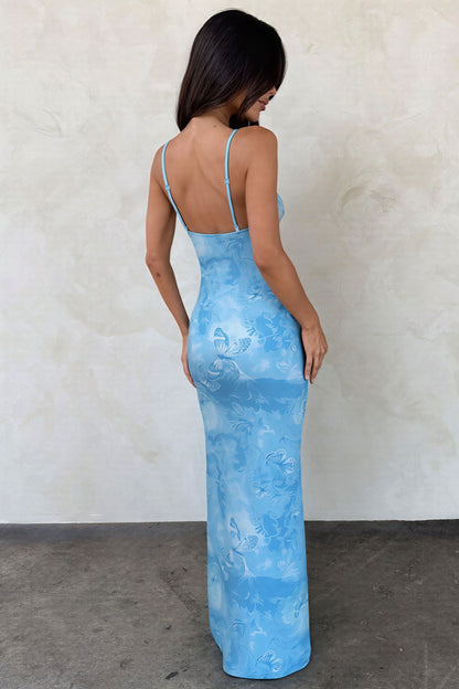 Butterfly Print Cutout Twist V Neck Cami Maxi Dress