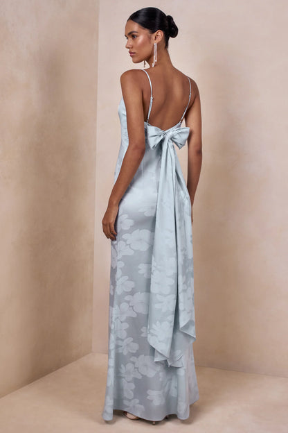 Carelle Powder Blue Satin Plunge Neck Maxi Dress With Asymmetric Drop Waist