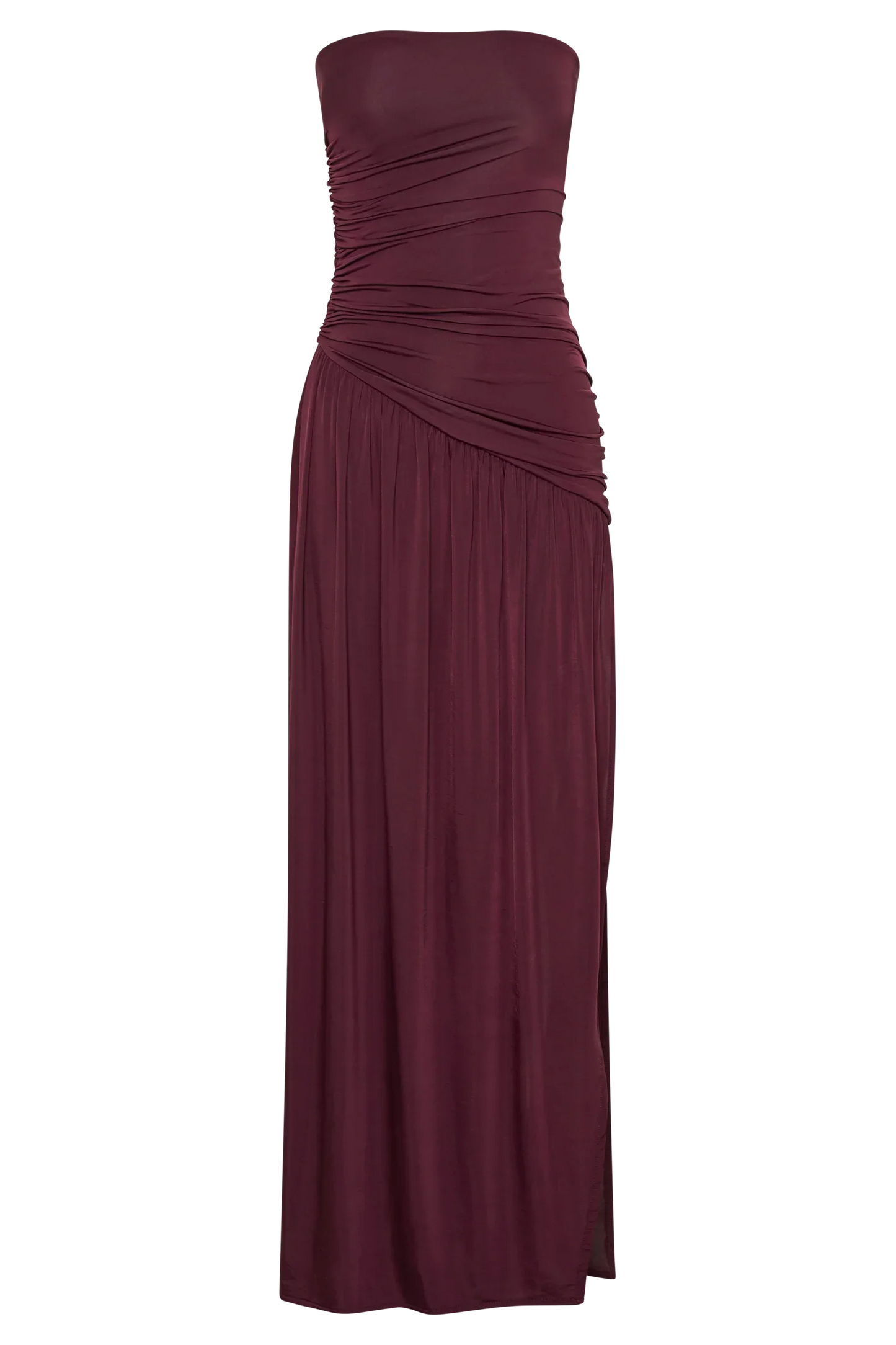 Bex Strapless Slinky Maxi Dress With Split Burgundy