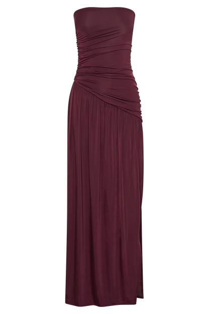 Bex Strapless Slinky Maxi Dress With Split Burgundy