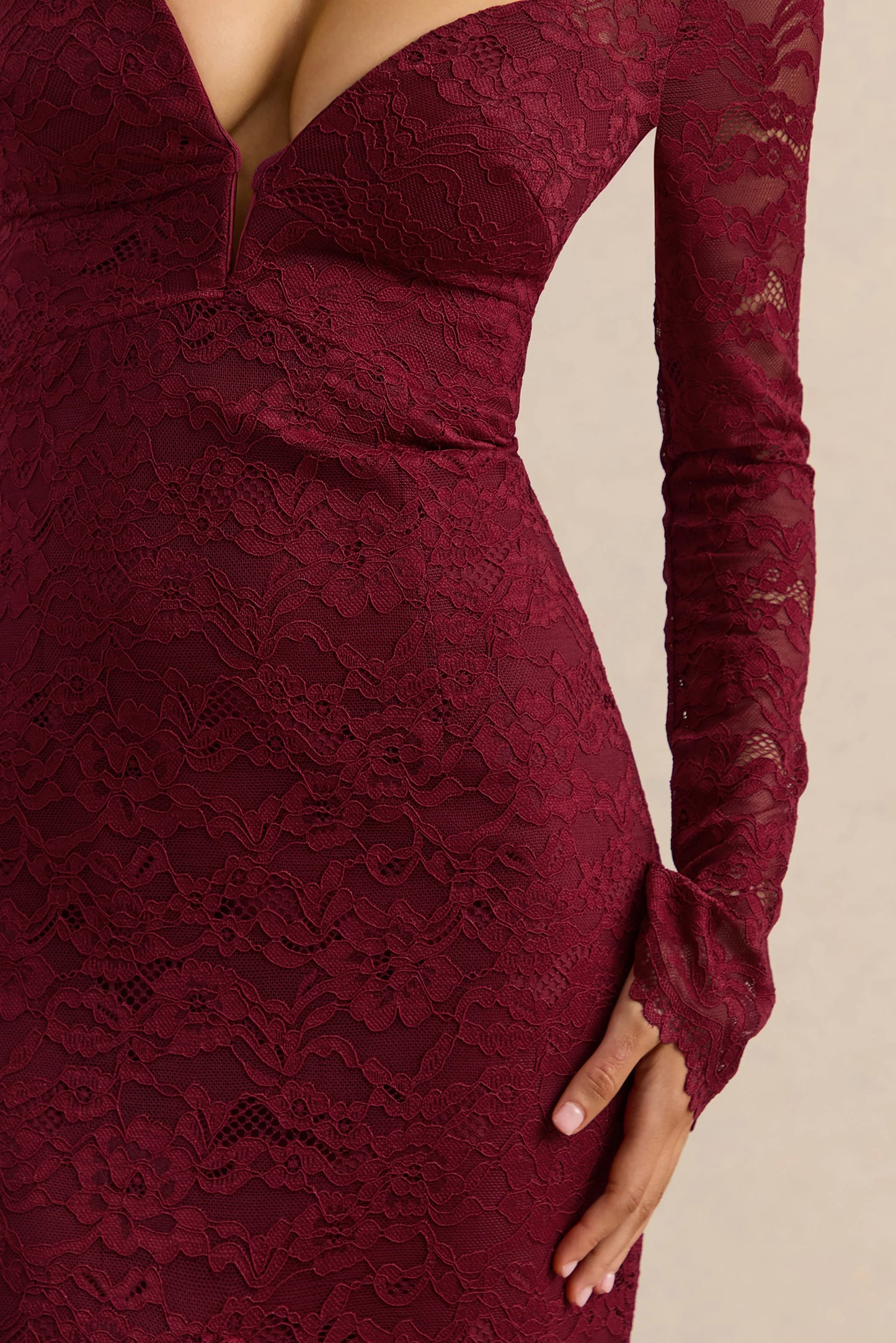 Camilly Burgundy Lace Plunge Neck Mermaid Midi Dress