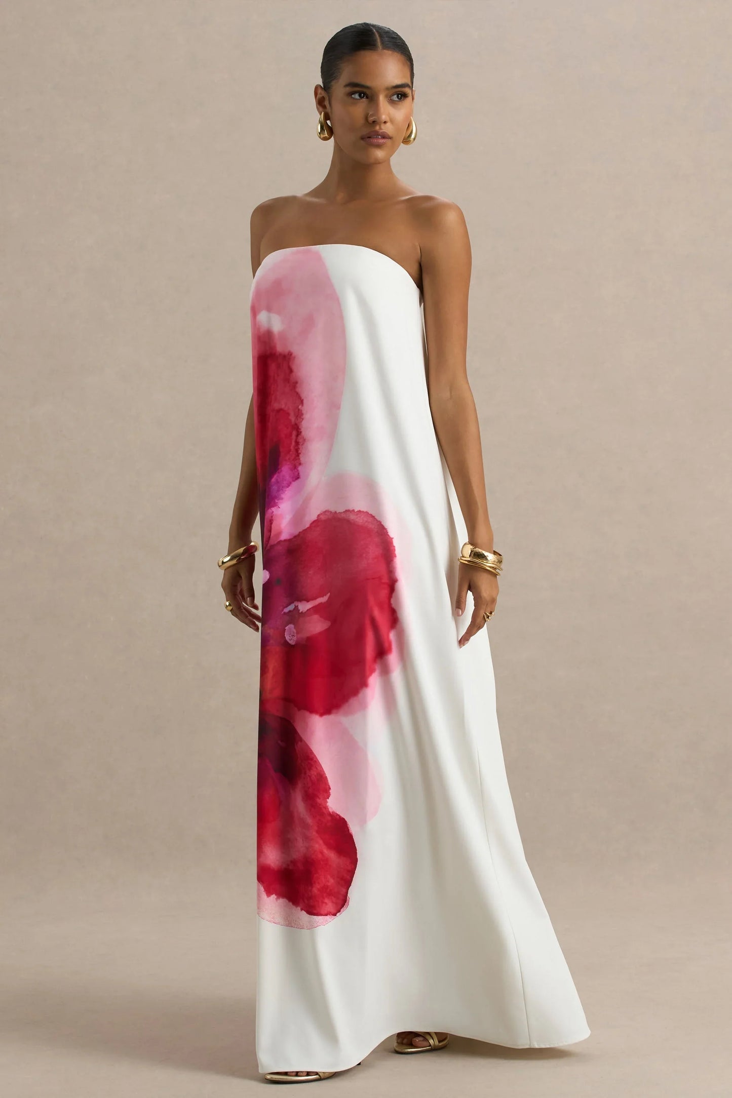 Breonna Bright Pink Floral Placement Print Bandeau Maxi Dress