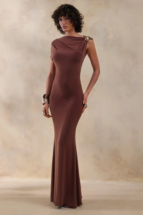 Blaire Brown Asymmetric Neck Maxi Dress With Gold Detailing