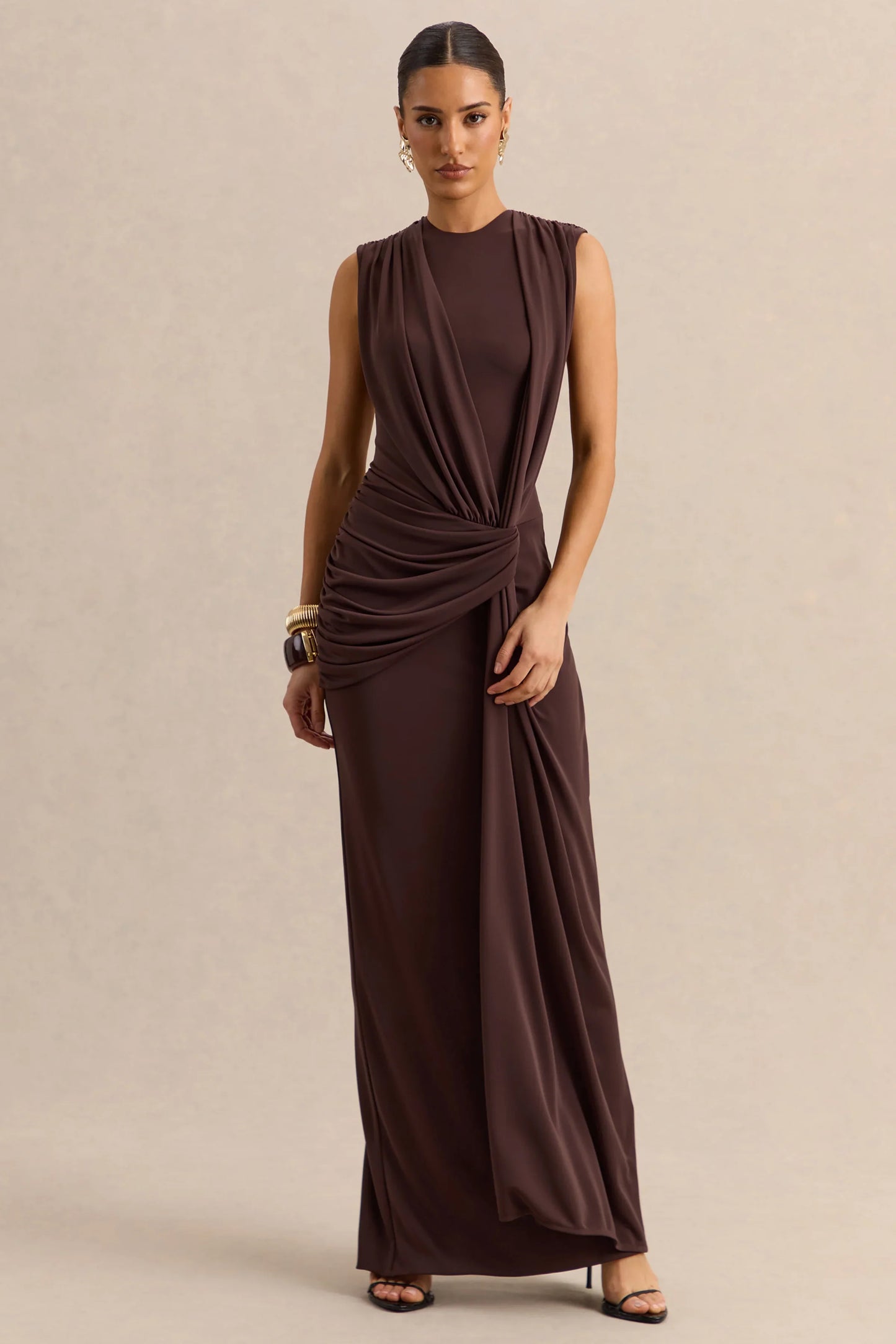 Blythia Brown Round Neck Maxi Dress With Gathered Detailing