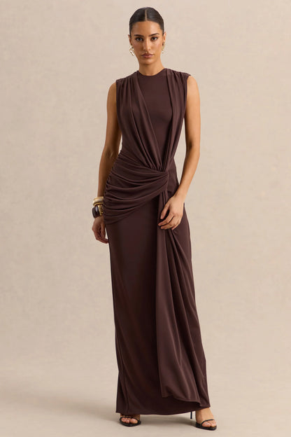 Blythia Brown Round Neck Maxi Dress With Gathered Detailing