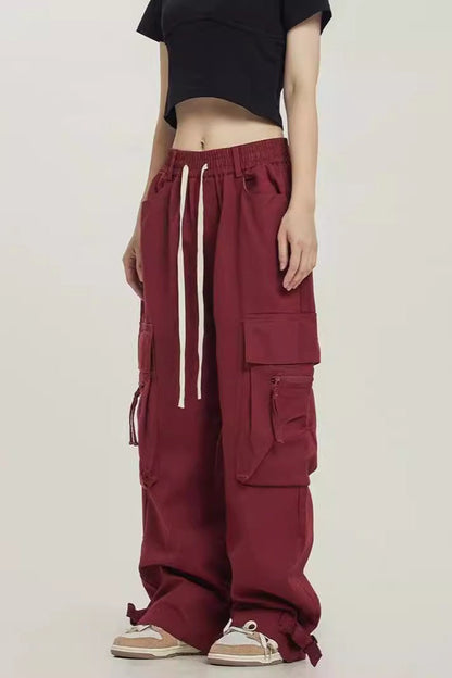 Street Style Loose Wide Leg Red Cargo Pants