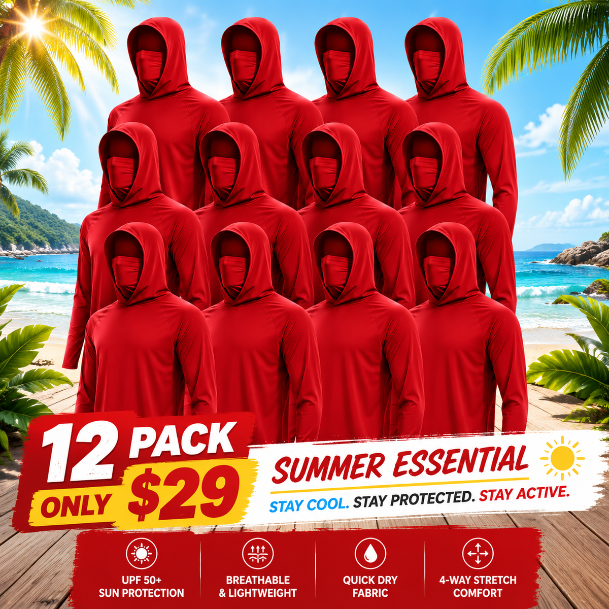 UPF 50+ Long-Sleeve Sun-Protection Hoodie (with Sleeve Pocket and Face Mask)