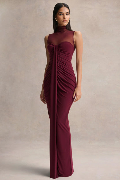 Brialle Burgundy High Neck Maxi Dress With Mesh And Gathered Detailing