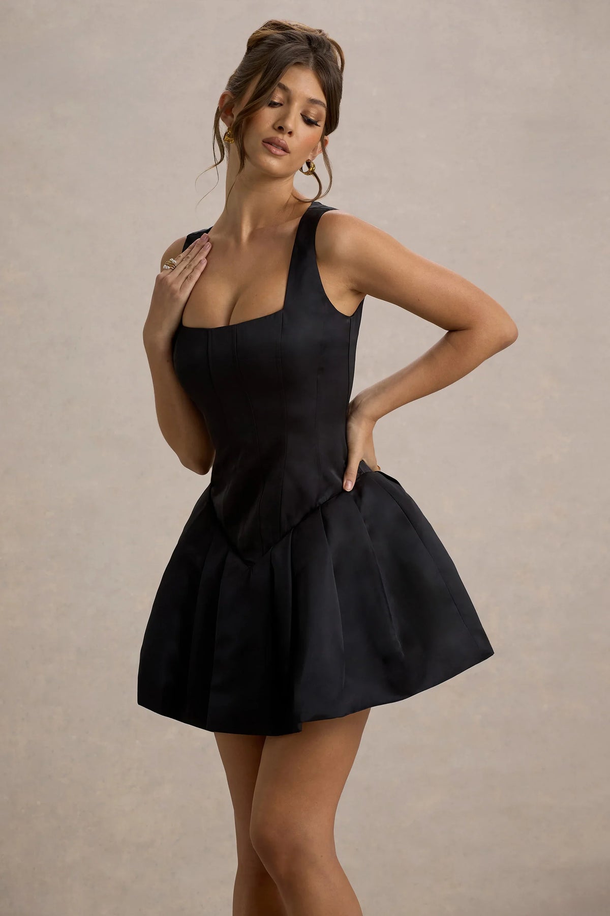 Bramble Black Satin Square Neck Puffball Mini Dress