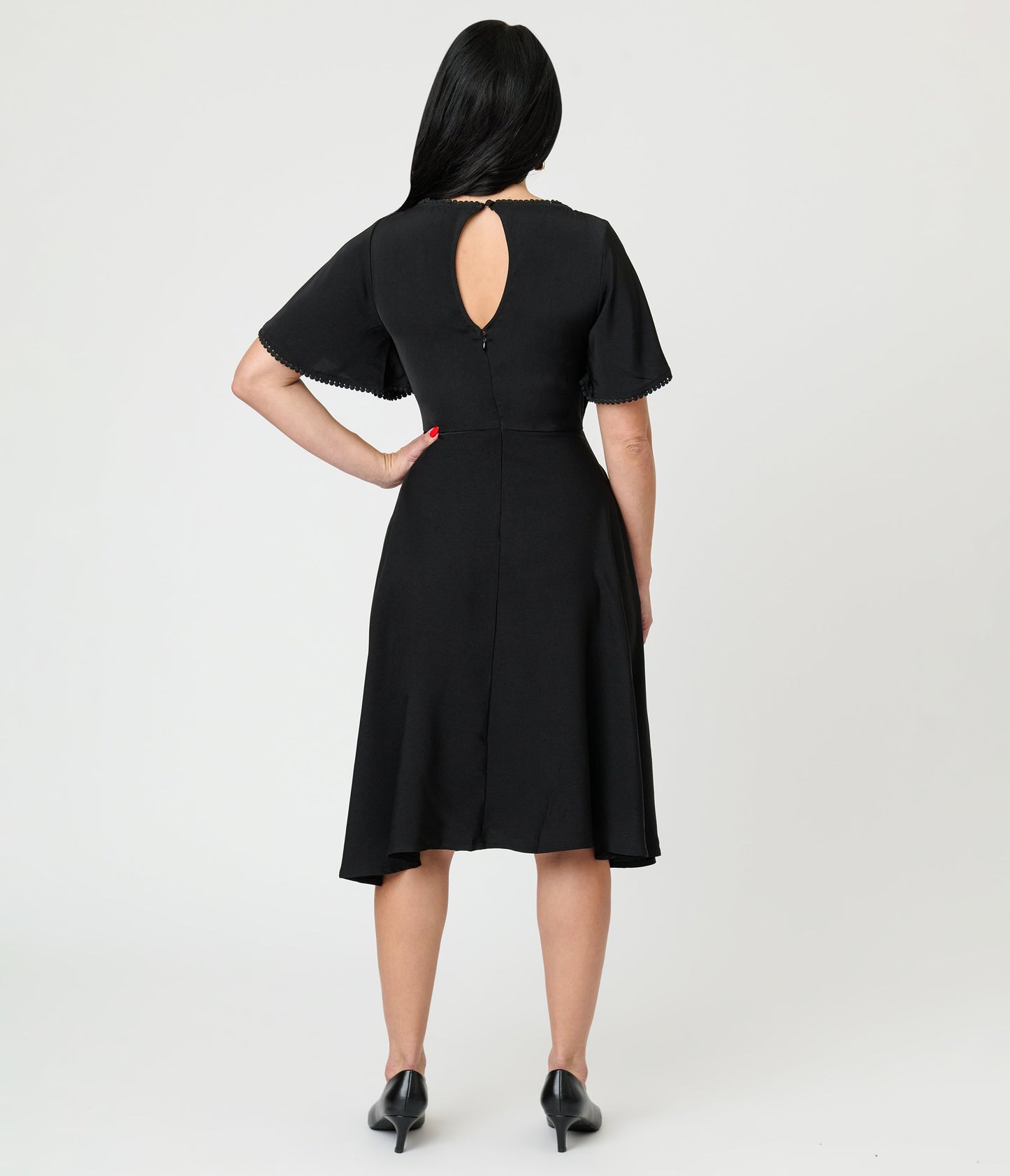 Unique Vintage Black Floral Mesh Cutout Swing Dress