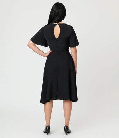 Unique Vintage Black Floral Mesh Cutout Swing Dress