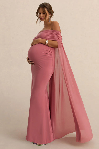 Carlotta Blush Pink Bardot Maternity Maxi Dress With Chiffon Cape