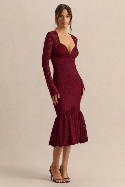 Camilly Burgundy Lace Plunge Neck Mermaid Midi Dress