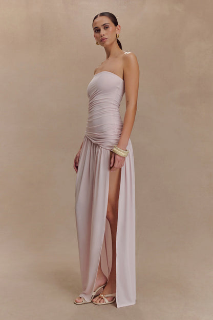 Bex Strapless Slinky Maxi Dress With Split Pale Pink