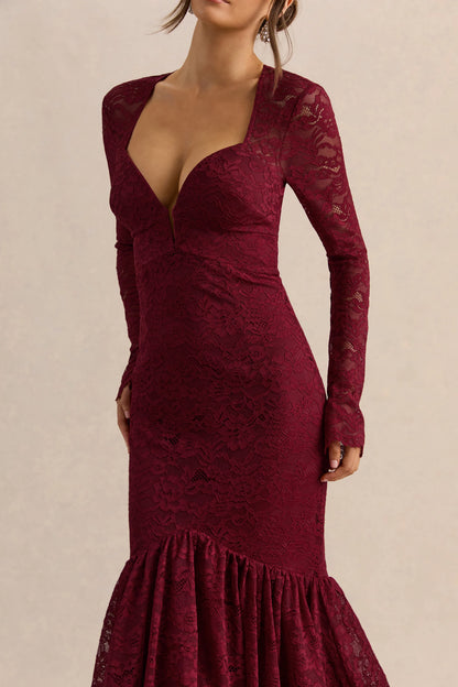 Camilly Burgundy Lace Plunge Neck Mermaid Midi Dress