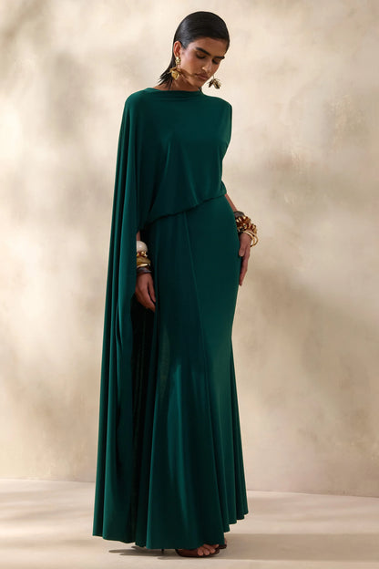 Carenza Dark Green Wide Neck Maxi Dress With Cape Sleeve