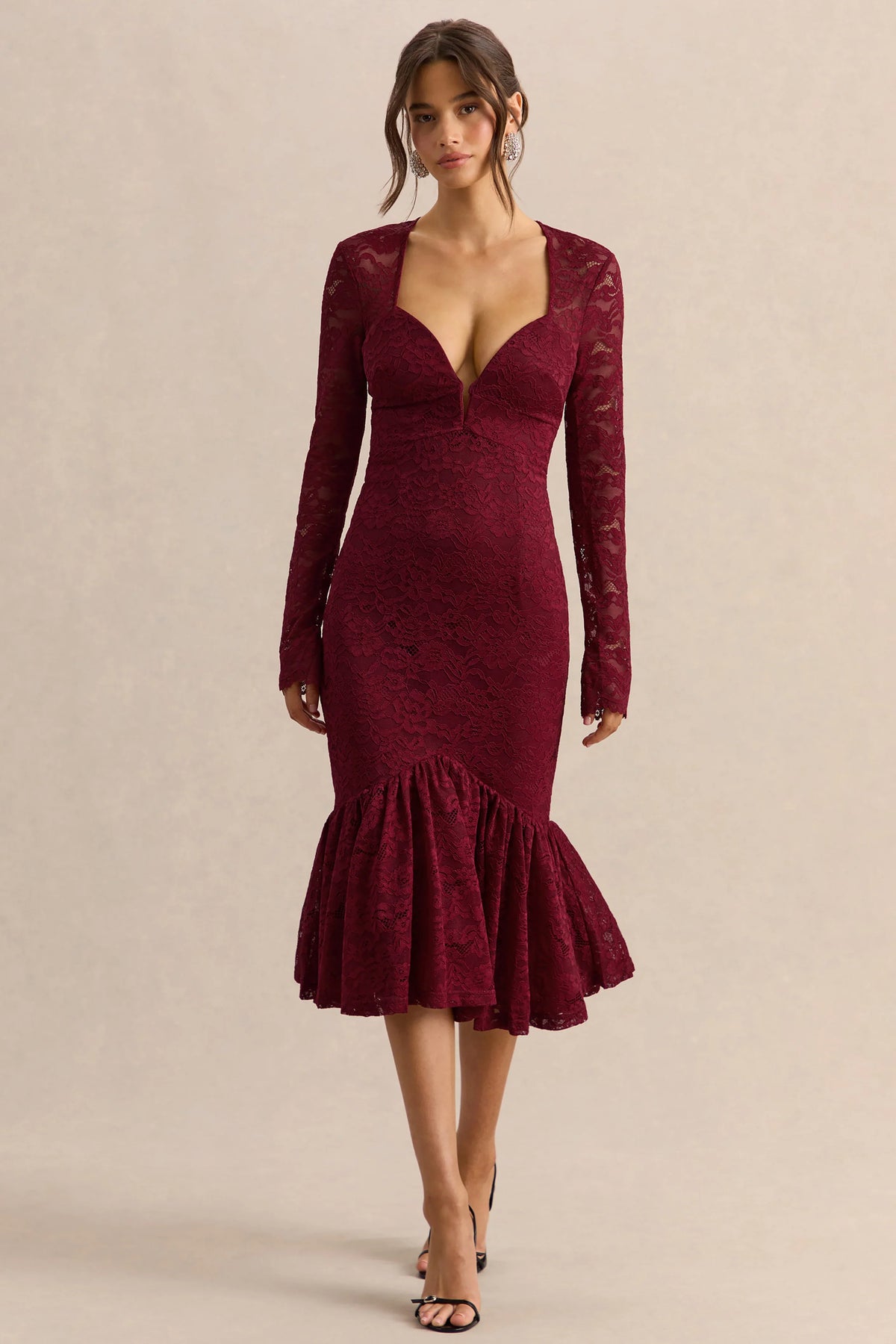 Camilly Burgundy Lace Plunge Neck Mermaid Midi Dress