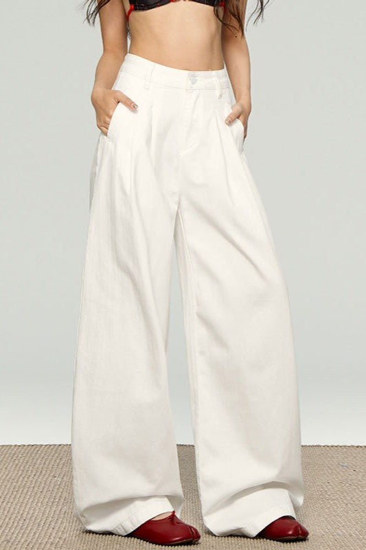 Ruched Textured White High Waist Wide Leg Pants
