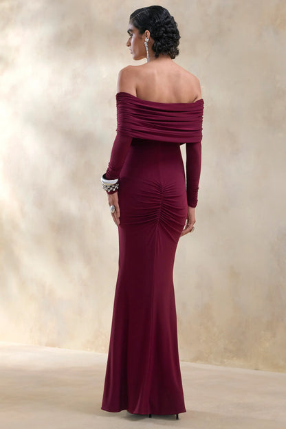 Brisea Burgundy Bardot Neck Maxi Dress