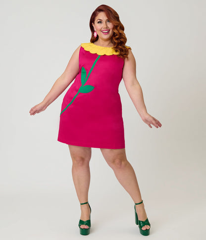 Smak Parlour Plus Size Hot Pink & Yellow Petal Collar Cotton Shift Dress