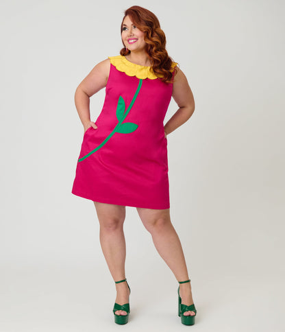 Smak Parlour Plus Size Hot Pink & Yellow Petal Collar Cotton Shift Dress