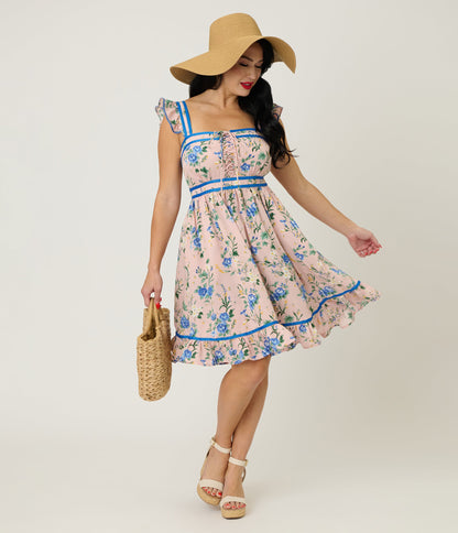 Smak Parlour Light Pink & Blue Floral Corset Fit & Flare Dress