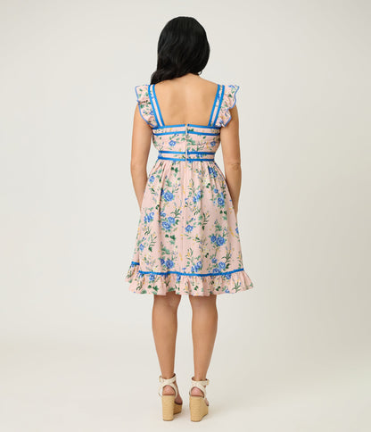 Smak Parlour Light Pink & Blue Floral Corset Fit & Flare Dress