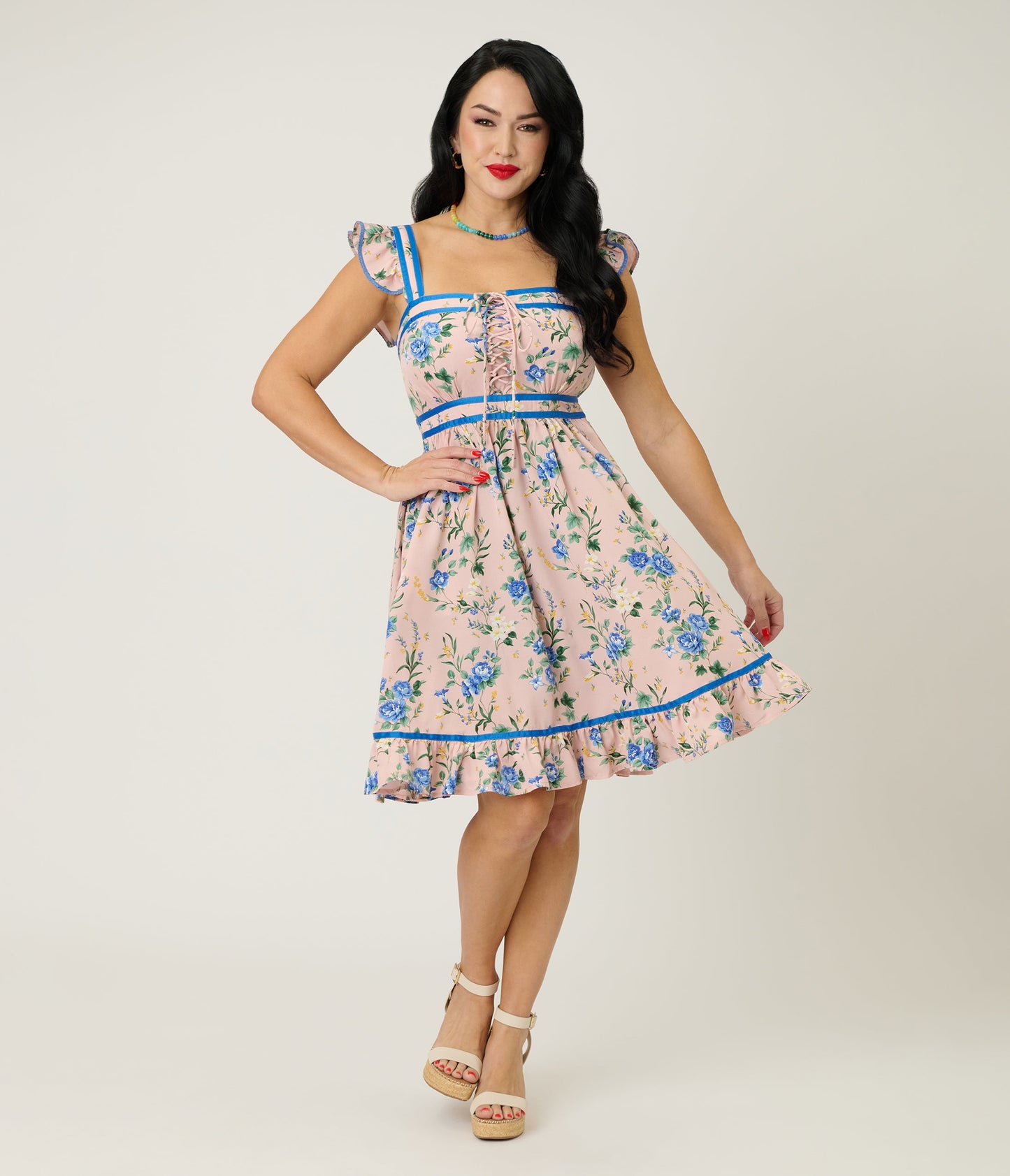 Smak Parlour Light Pink & Blue Floral Corset Fit & Flare Dress