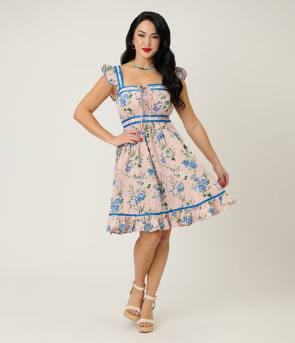 Smak Parlour Light Pink & Blue Floral Corset Fit & Flare Dress