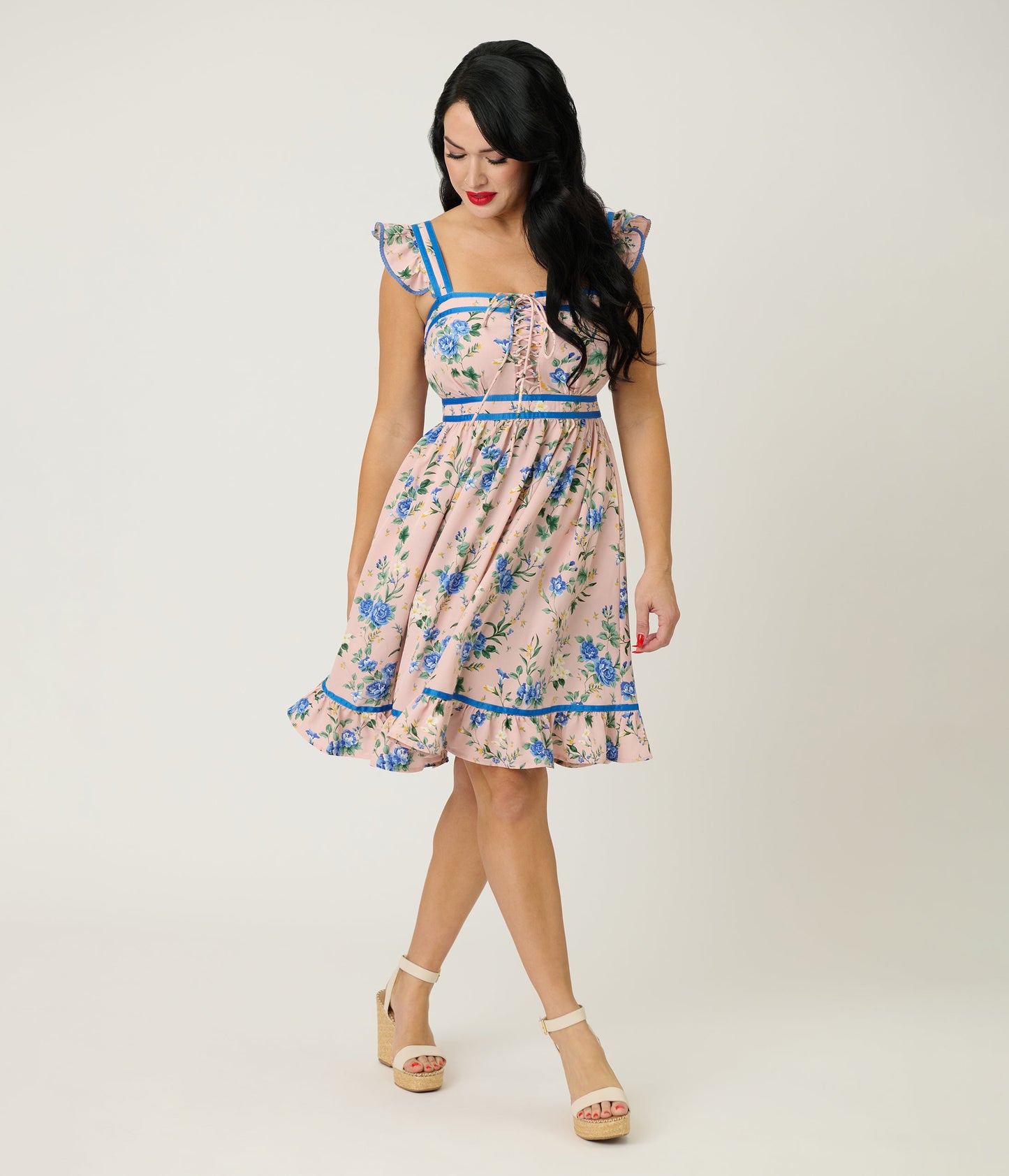 Smak Parlour Light Pink & Blue Floral Corset Fit & Flare Dress