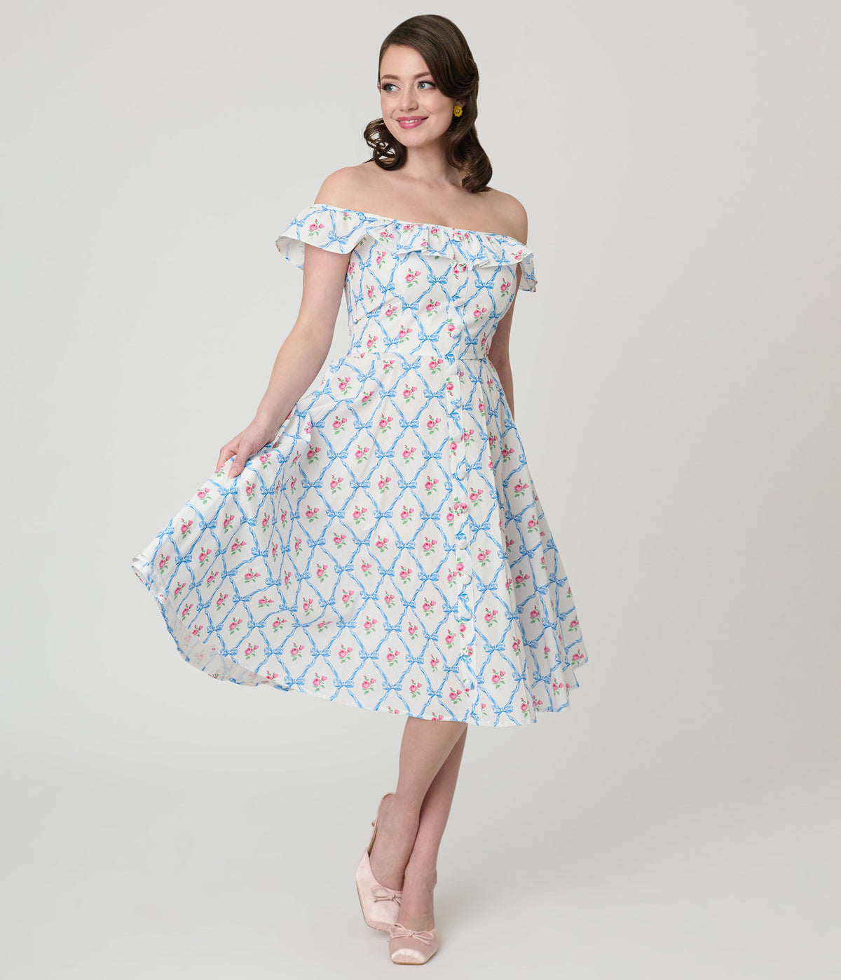 Magnolia Place White & Rose Trellis Barbara Swing Dress