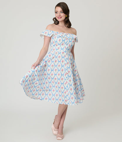 Magnolia Place White & Rose Trellis Barbara Swing Dress